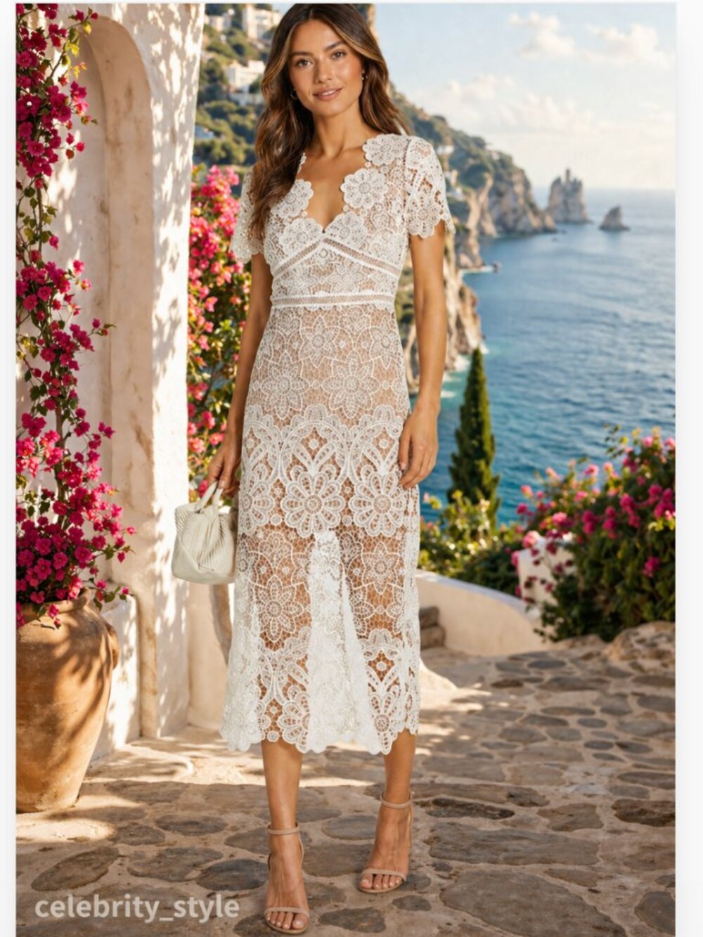 Self-Portrait White Lace Midi Dress with Floral Crochet